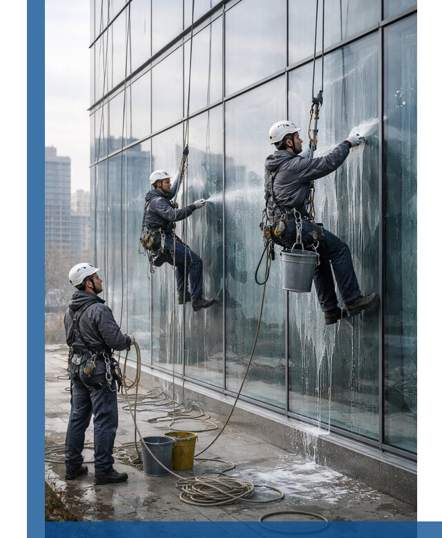 Промышленная мойка панорамных окон на высоте в Ярославле