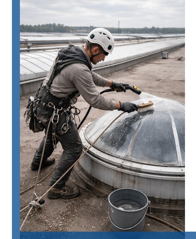 Мойка зенитных фонарей на кровле для промышленных объектов в Ярославле