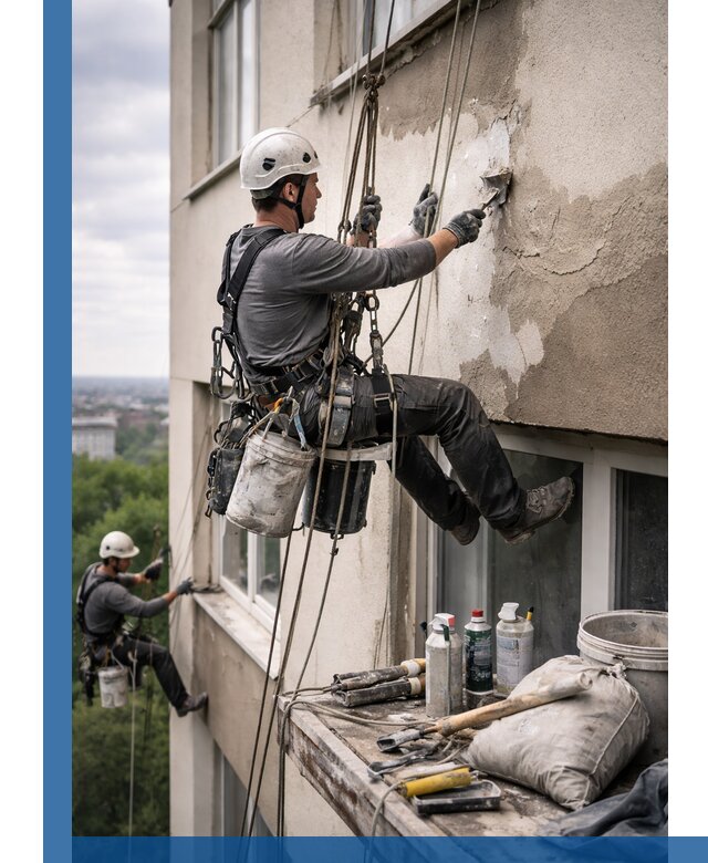 Косметический ремонт фасада зданий в Ярославле промышленными альпинистами
