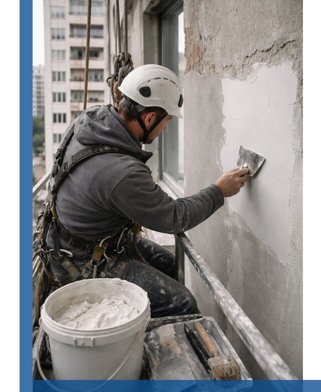 Шпаклевка фасадов на высоте с промальпинистами в Ярославле