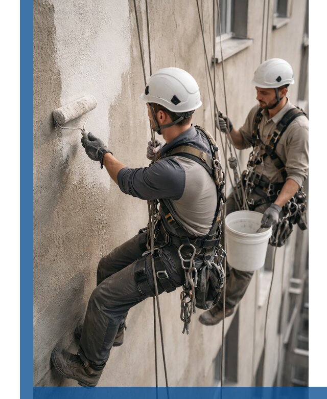 Грунтовка фасада на высоте в Ярославле промышленными альпинистами