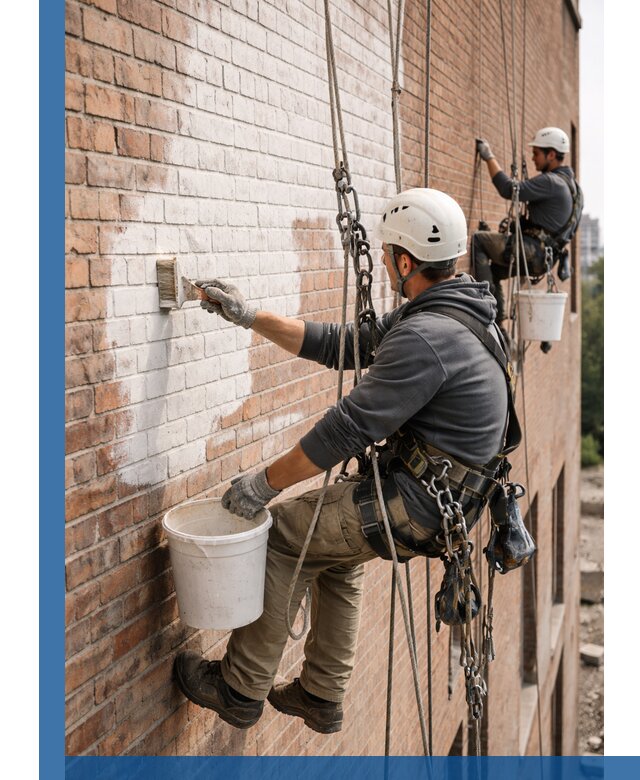 Покраска кирпичного фасада с доступным альпинистским сервисом в Ярославле
