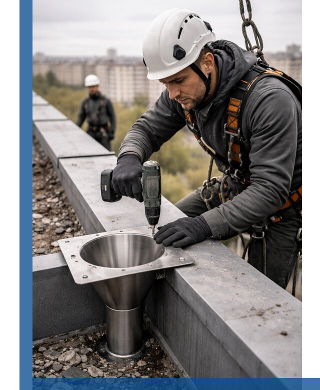 Монтаж водосточных воронок в Ярославле для промышленных зданий