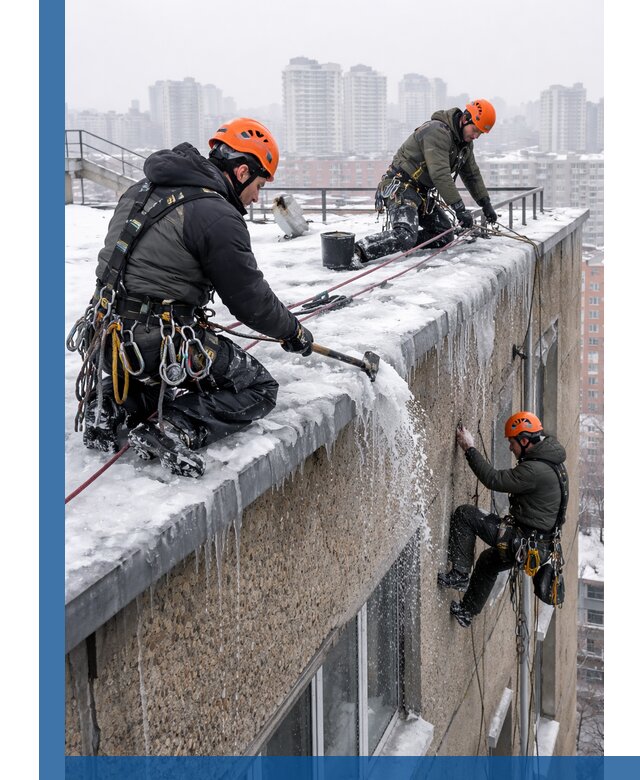 Удаление наледи с кровли в Ярославле промышленными альпинистами