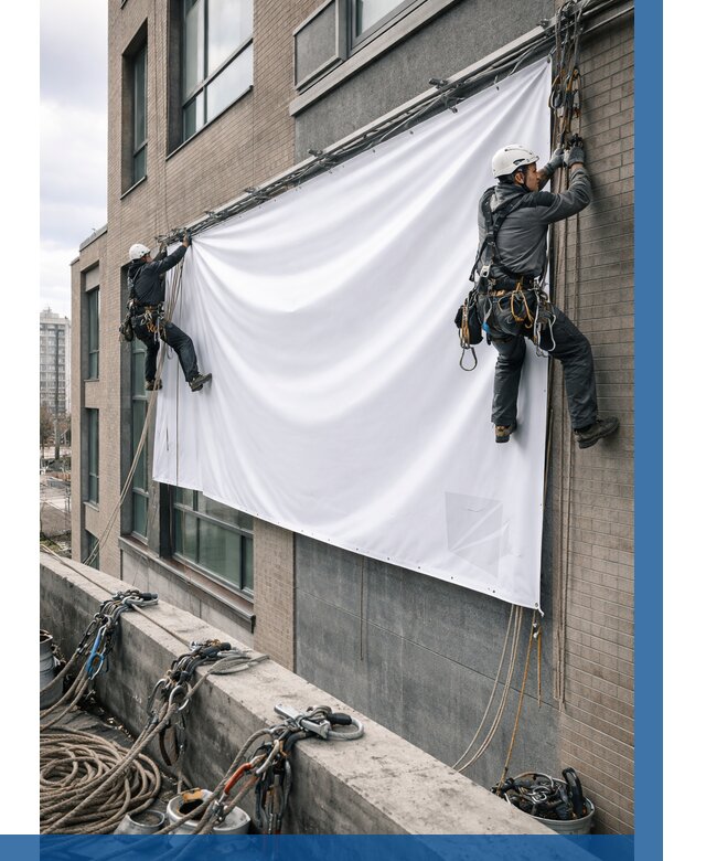 Монтаж баннеров на фасаде в Ярославле от 667 р. заказать ВЫСОТНИК-Рсл