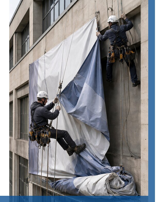 Демонтаж баннеров с фасада в Ярославле от 4621 р. | ВЫСОТНИК-Рсл