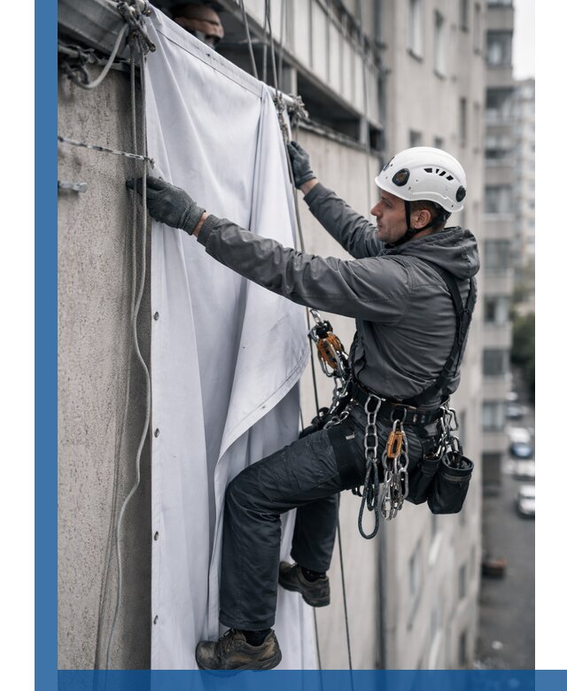 Замена баннерного полотна промышленными альпинистами в Ярославле