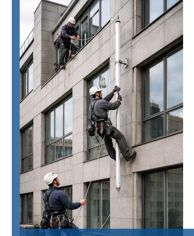 Монтаж флагштока на фасаде здания с креплением и герметикой в Ярославле