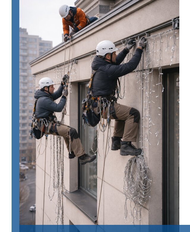 Монтаж праздничных гирлянд на фасаде в Ярославле для зданий