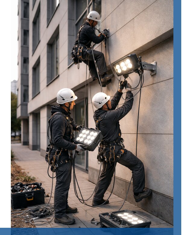 Монтаж прожекторов на фасаде в Ярославле от 7701 р. | ВЫСОТНИК-Рсл