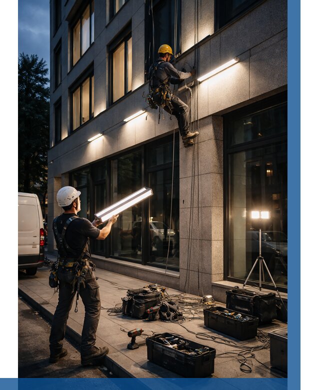 Монтаж архитектурной подсветки здания в Ярославле от 2567 р.|ВЫСОТНИК-Рсл