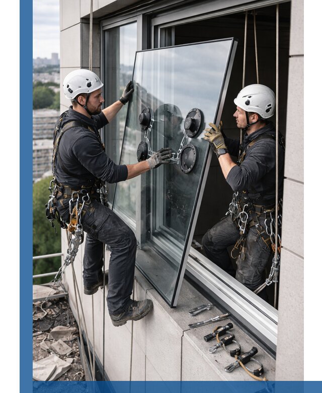 Замена стеклопакетов на высоте с промышленными альпинистами в Ярославле