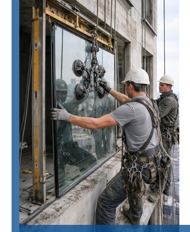 Монтаж стеклопакетов на высоте в Ярославле с промышленным альпинизмом