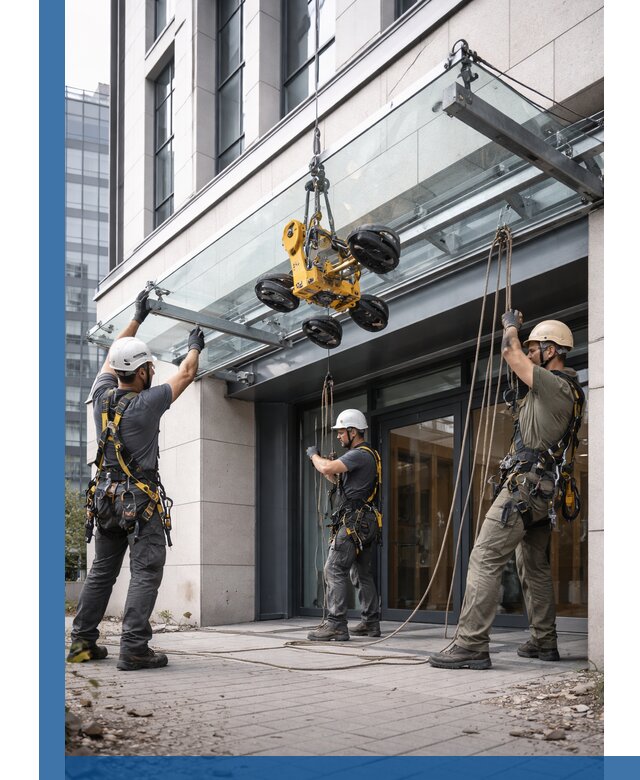 Монтаж стеклянных козырьков под ключ в Ярославле для зданий