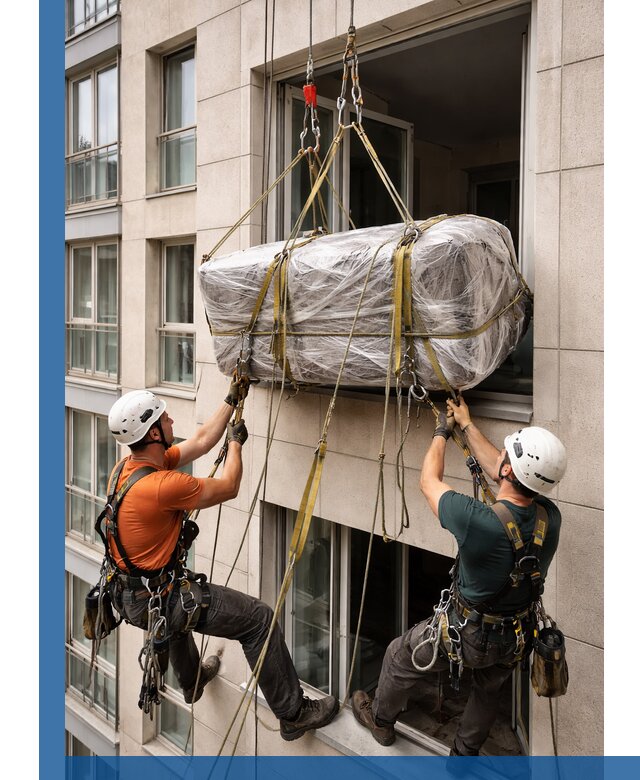 Подъем грузов через окно в Ярославле промышленными альпинистами