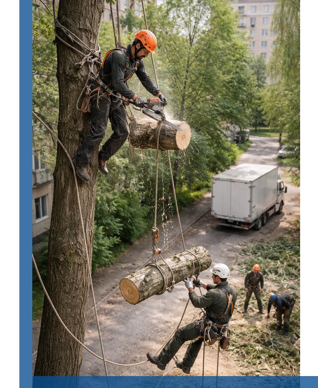 Спил деревьев альпинистами в Ярославле, безопасно и без повреждений
