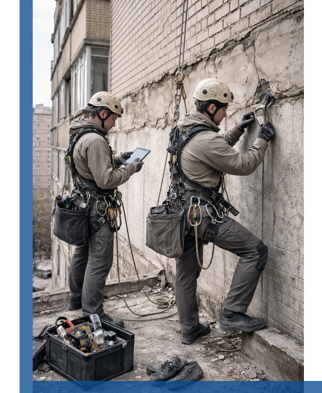 Обследование фасада промышленными альпинистами в Ярославле